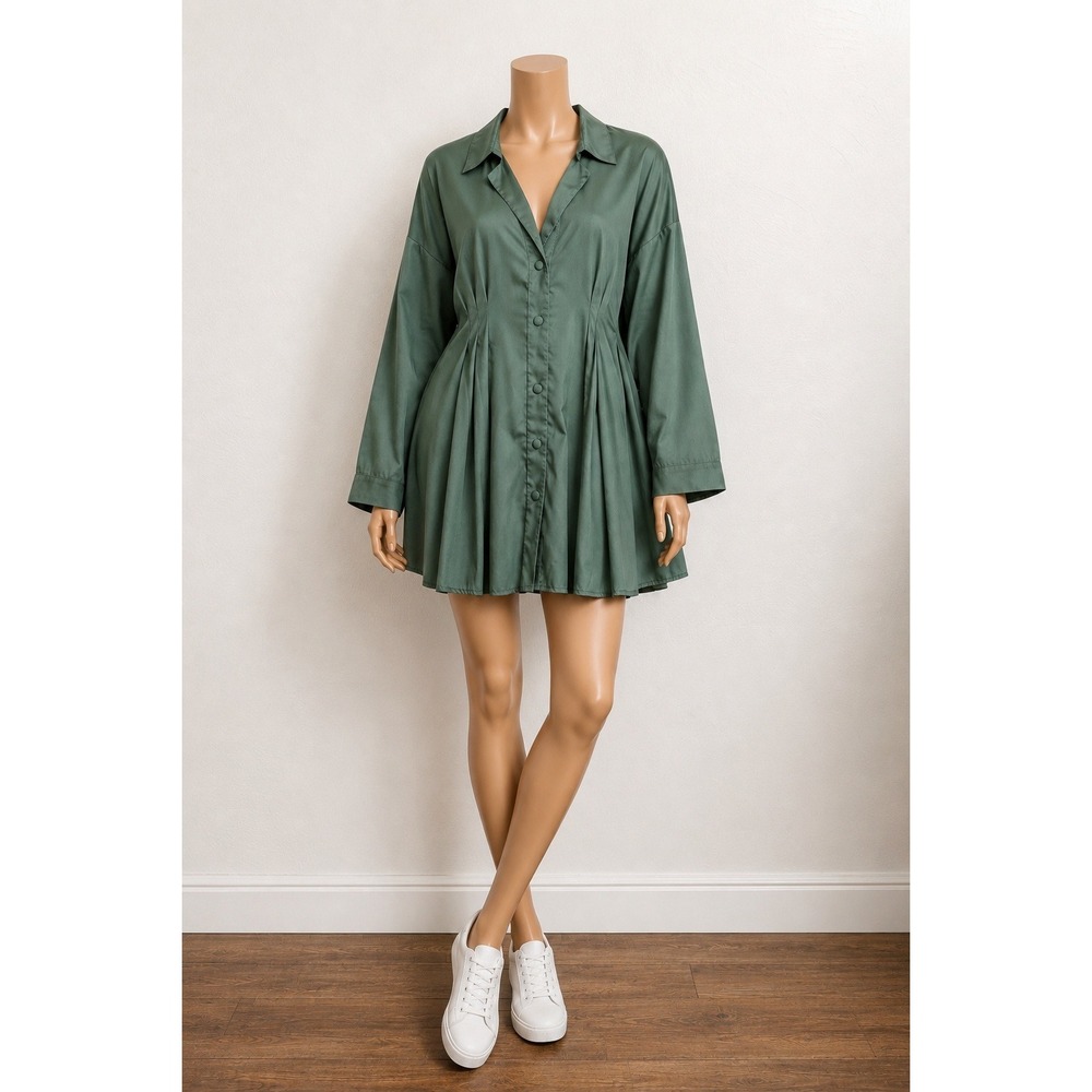 PrettyLittleThing Khaki Green Pleated‎ Waist Mini Shirt Dress Womens Size 2 US